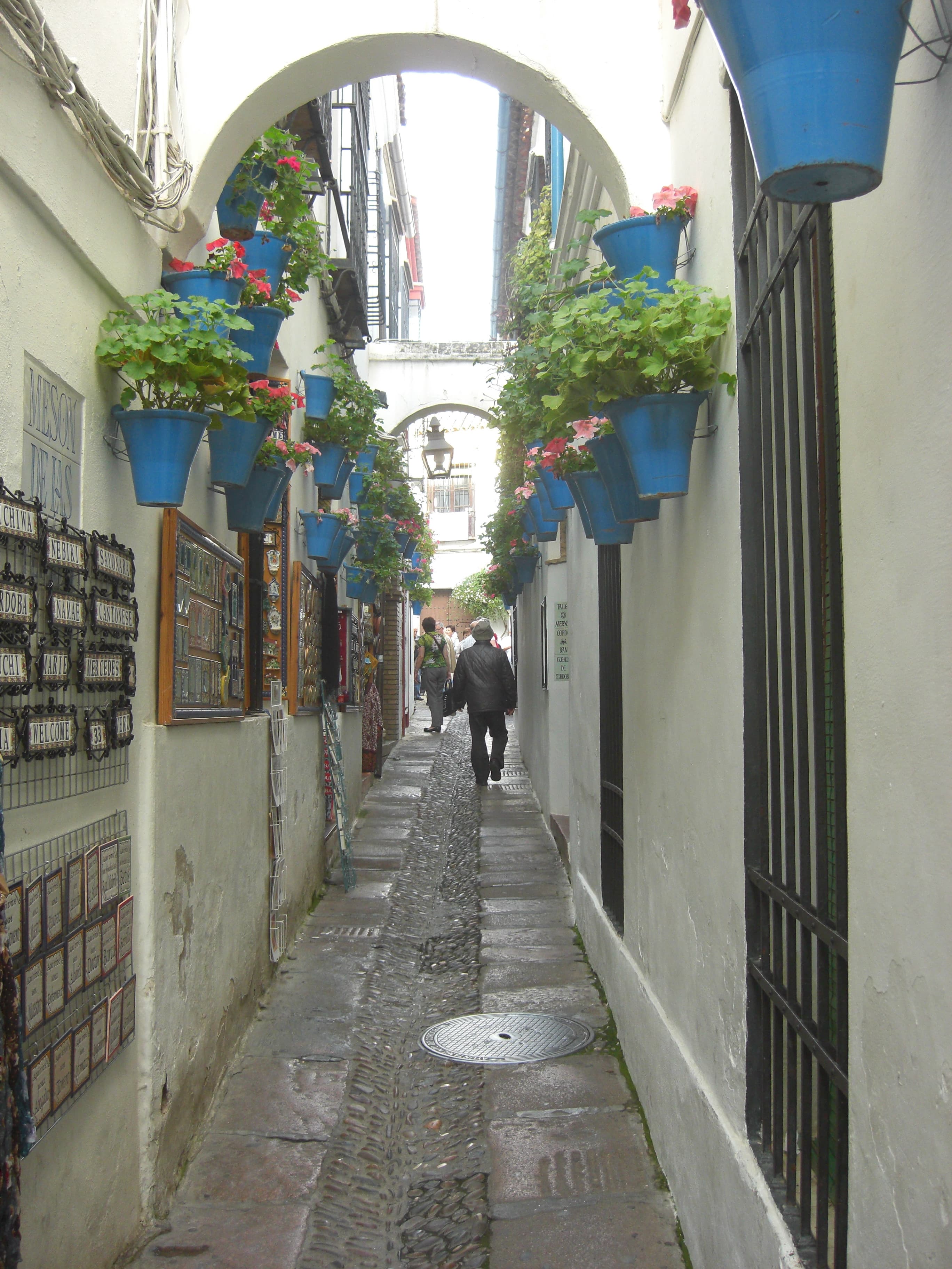 Calleja de las Flores de Córdoba con macetas floridas en fachadas blancas y la torre de la Mezquita al fondo
